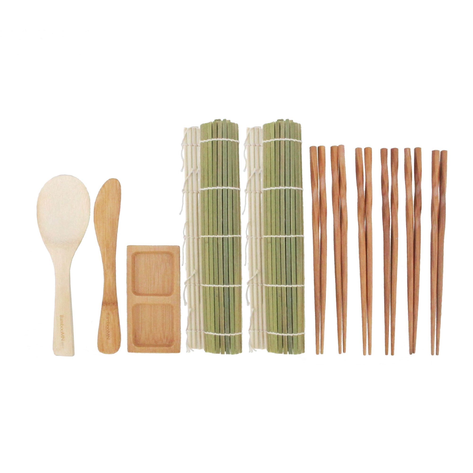 BambooMN Sushi Maker Kit 2x Green Bamboo Rolling Mats, 1x Rice Paddle, 1x Spreader, 1x Compartment Sauce Dish + 6 Prs Chopsticks | 100% Bamboo Mats and Utensils