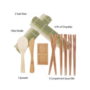 BambooMN Sushi Maker Kit 2x Green Bamboo Rolling Mats, 1x Rice Paddle, 1x Spreader, 1x Compartment Sauce Dish + 6 Prs Chopsticks | 100% Bamboo Mats and Utensils