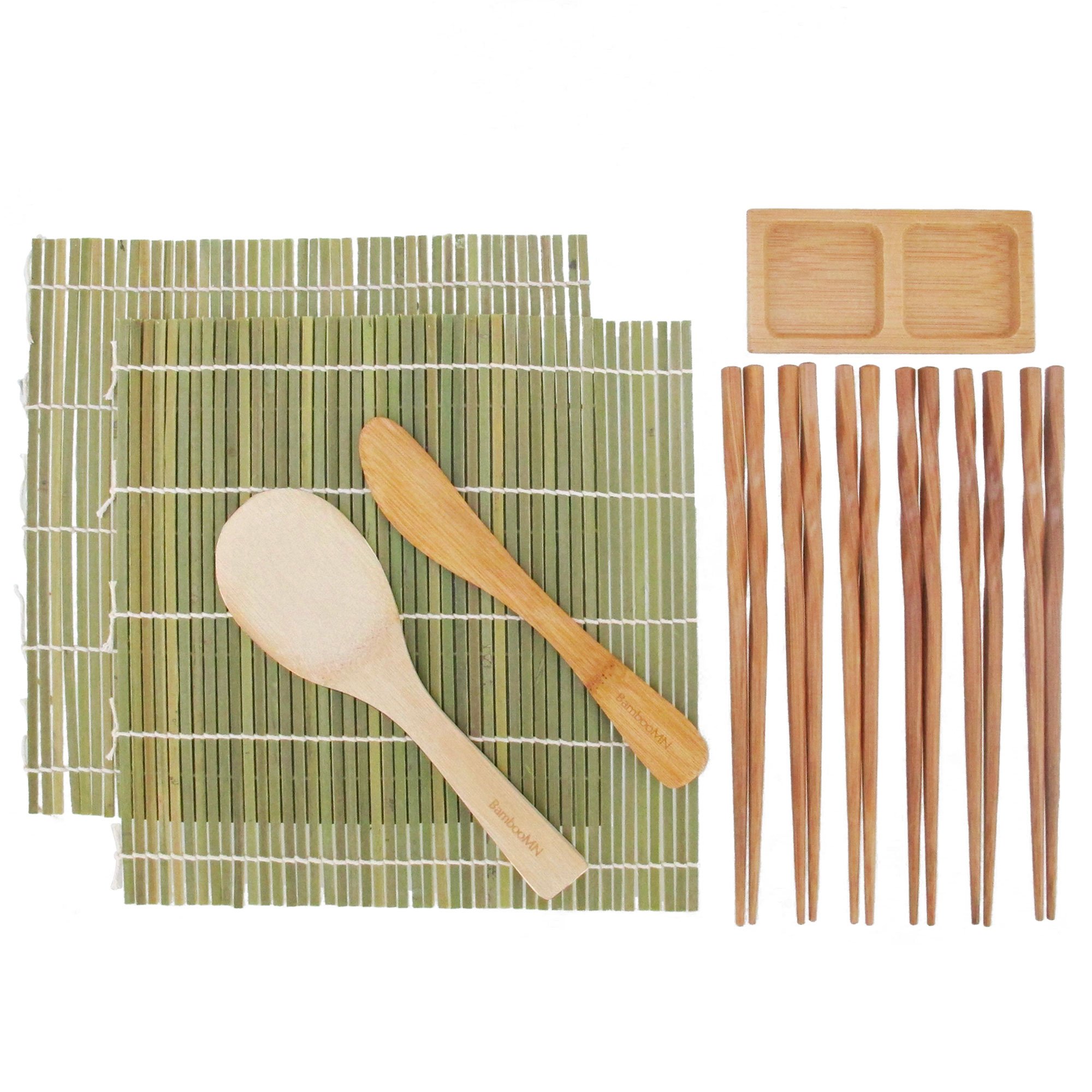 BambooMN Sushi Maker Kit 2x Green Bamboo Rolling Mats, 1x Rice Paddle, 1x Spreader, 1x Compartment Sauce Dish + 6 Prs Chopsticks | 100% Bamboo Mats and Utensils