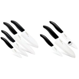 kyocera's revolution ceramic knife sets: 7" chef's santoku, 5.5" santoku, 4.5" utility, 3" paring, 6" chef's, 5" serrated and 3" paring knives