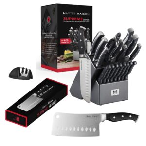 master maison gray kitchen knife set with knife block & bonus cleaver | german stainless steel knives with knife sharpener & 8 steak knives | butcher block knife sets for kitchen