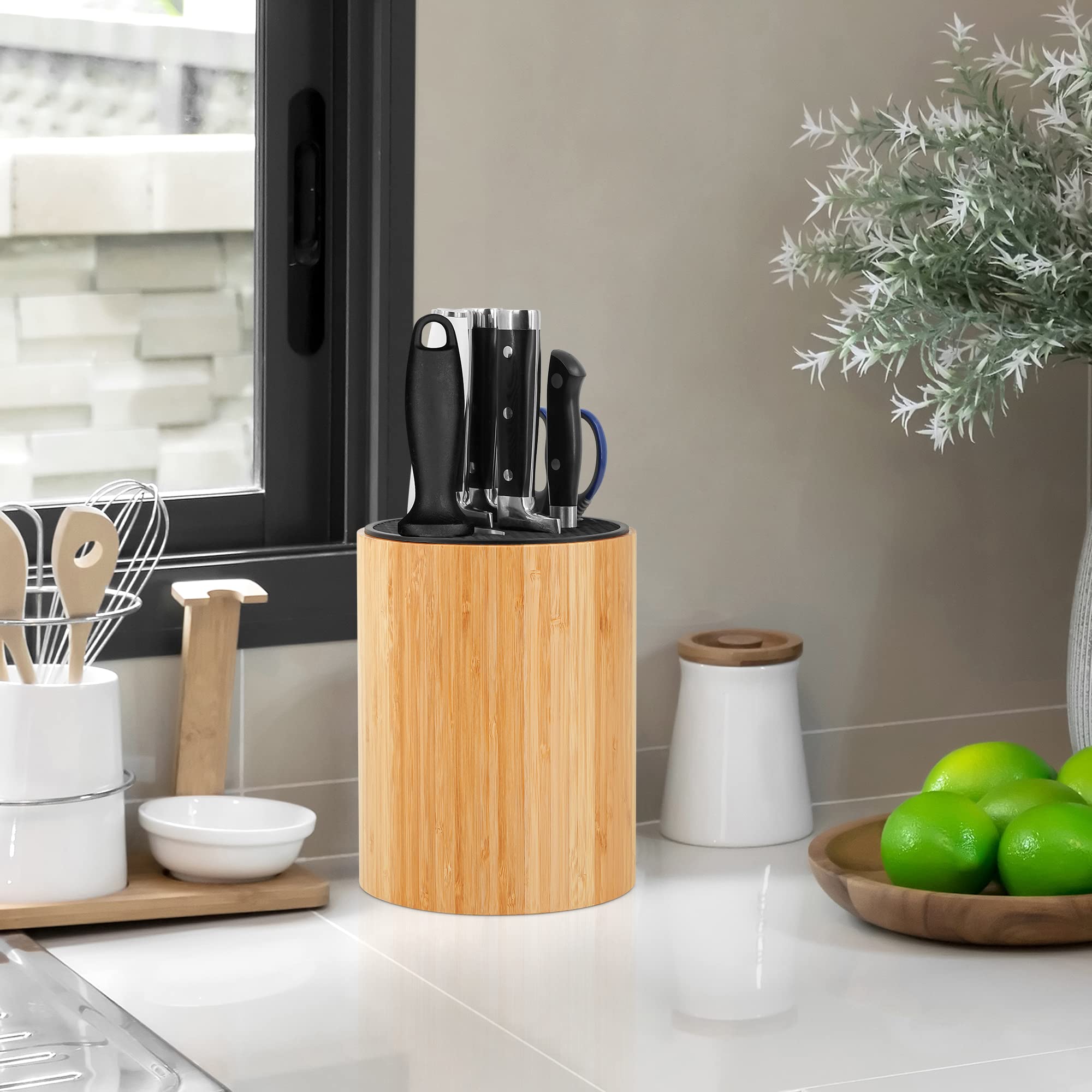 VaeFae Bamboo Round Knife Holder with Slots for Knife Sharpener and Scissors, Universal Knife Block, Kitchen Knife Storage with Unique Slot Design