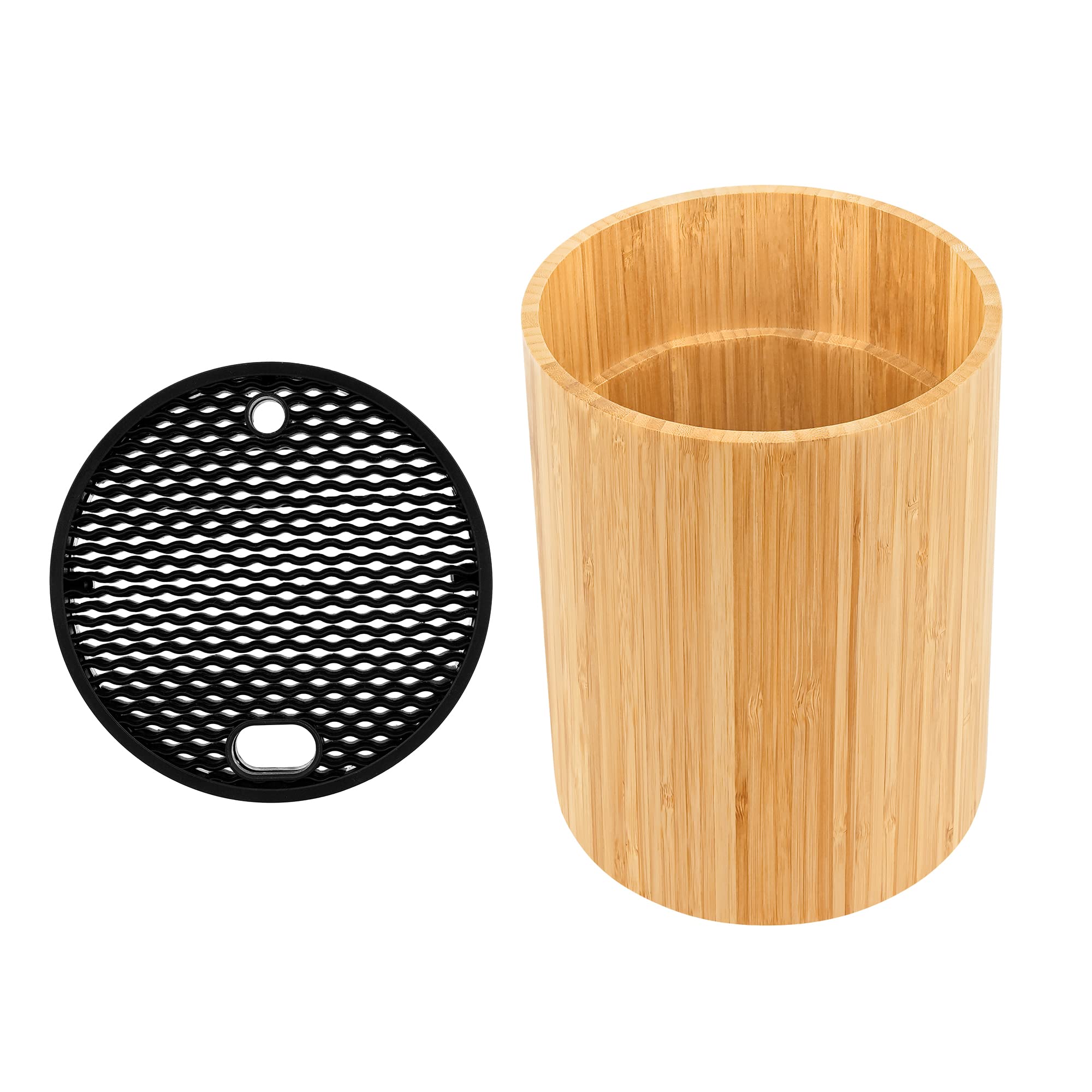 VaeFae Bamboo Round Knife Holder with Slots for Knife Sharpener and Scissors, Universal Knife Block, Kitchen Knife Storage with Unique Slot Design