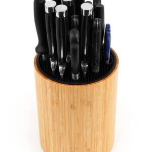 VaeFae Bamboo Round Knife Holder with Slots for Knife Sharpener and Scissors, Universal Knife Block, Kitchen Knife Storage with Unique Slot Design