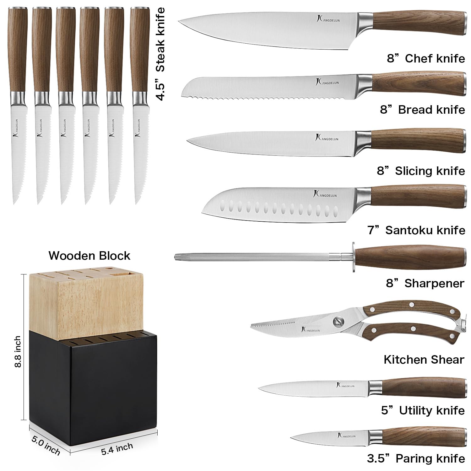 Kangdelun Natura Series 15 PCS Knife Block Set, Ultra Sharp High Carbon Stainless Steel with Wooden Handle