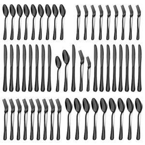 black silverware set, umite chef 60-piece stainless steel flatware set for 12, kitchen tableware cutlery set for home and restaurant, mirror finish