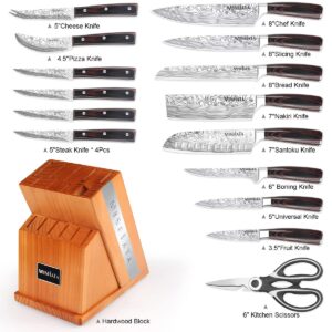 MOSFiATA Knife Set-21Pcs Kitchen Knife Set with Knife Holder & Sharpener, German High Carbon Stainless Steel Chef knife set with Handle colored wood