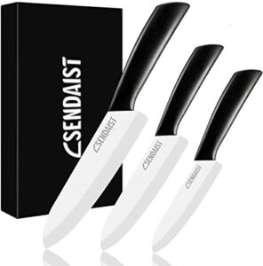 sendaist set of 3 sharp ceramic kitchen knives with anti-slip handle & sheath – 6” chef knife, 5” utility knife and 3'' fruit knife