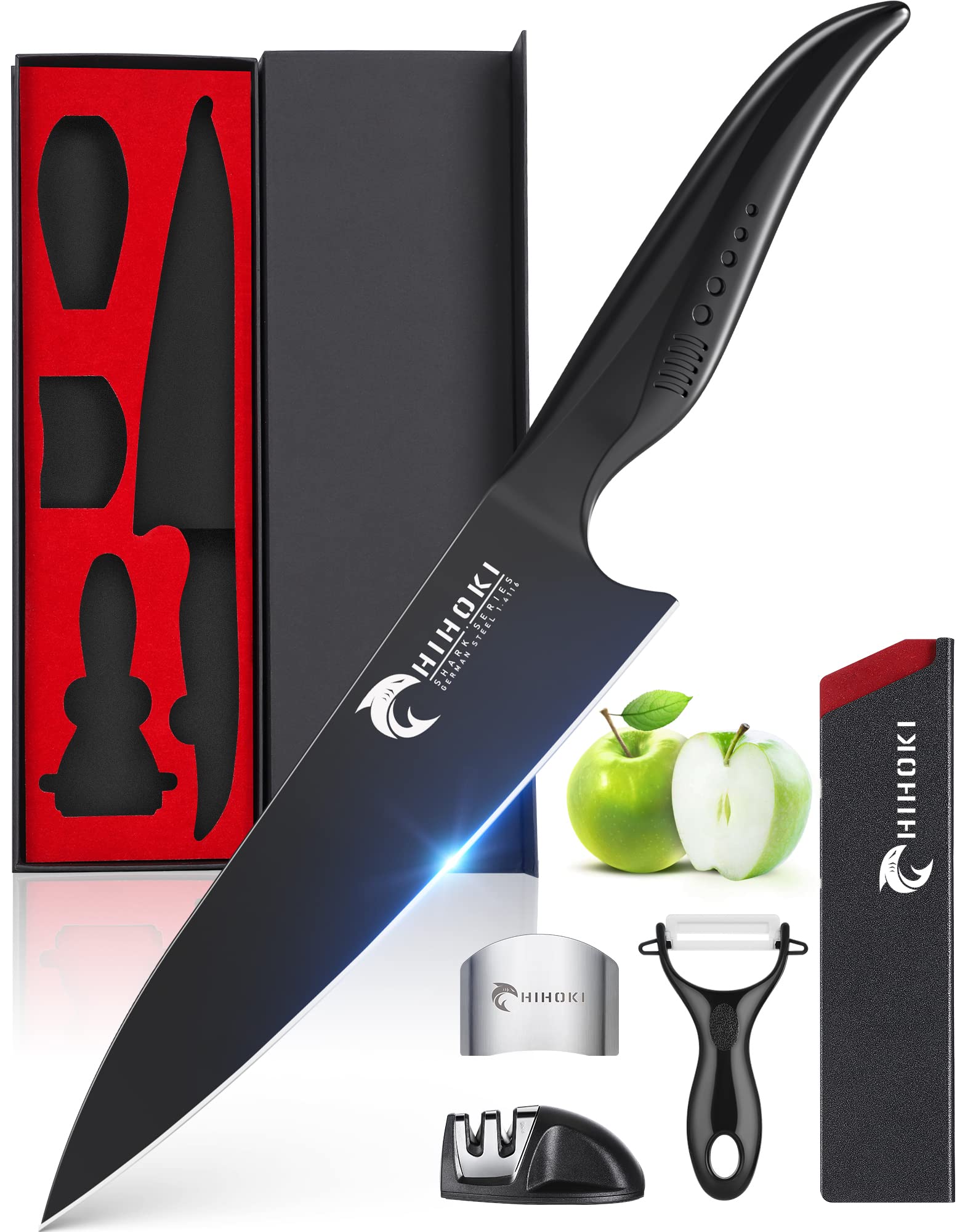 HiHoKi 8.5" Super Sharp Chef's Knife with Sheath - Black Shark Series-German High Carbon 1.4116 Stainless Steel -Pro Kitchen Cooking Knife, BO Oxidation, No Rust, Peeler, Sharpener & Gift Box Included