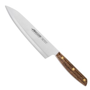 arcos chef knife 8 inch stainless steel. professional kitchen knife for cooking. ovengkol wood handle 100% natural fsc and 210 mm blade. series nordika. color brown.