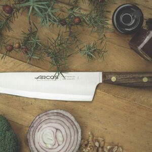 ARCOS Chef Knife 8 Inch Stainless Steel. Professional Kitchen Knife for Cooking. Ovengkol Wood Handle 100% natural FSC and 210 mm Blade. Series Nordika. Color Brown.