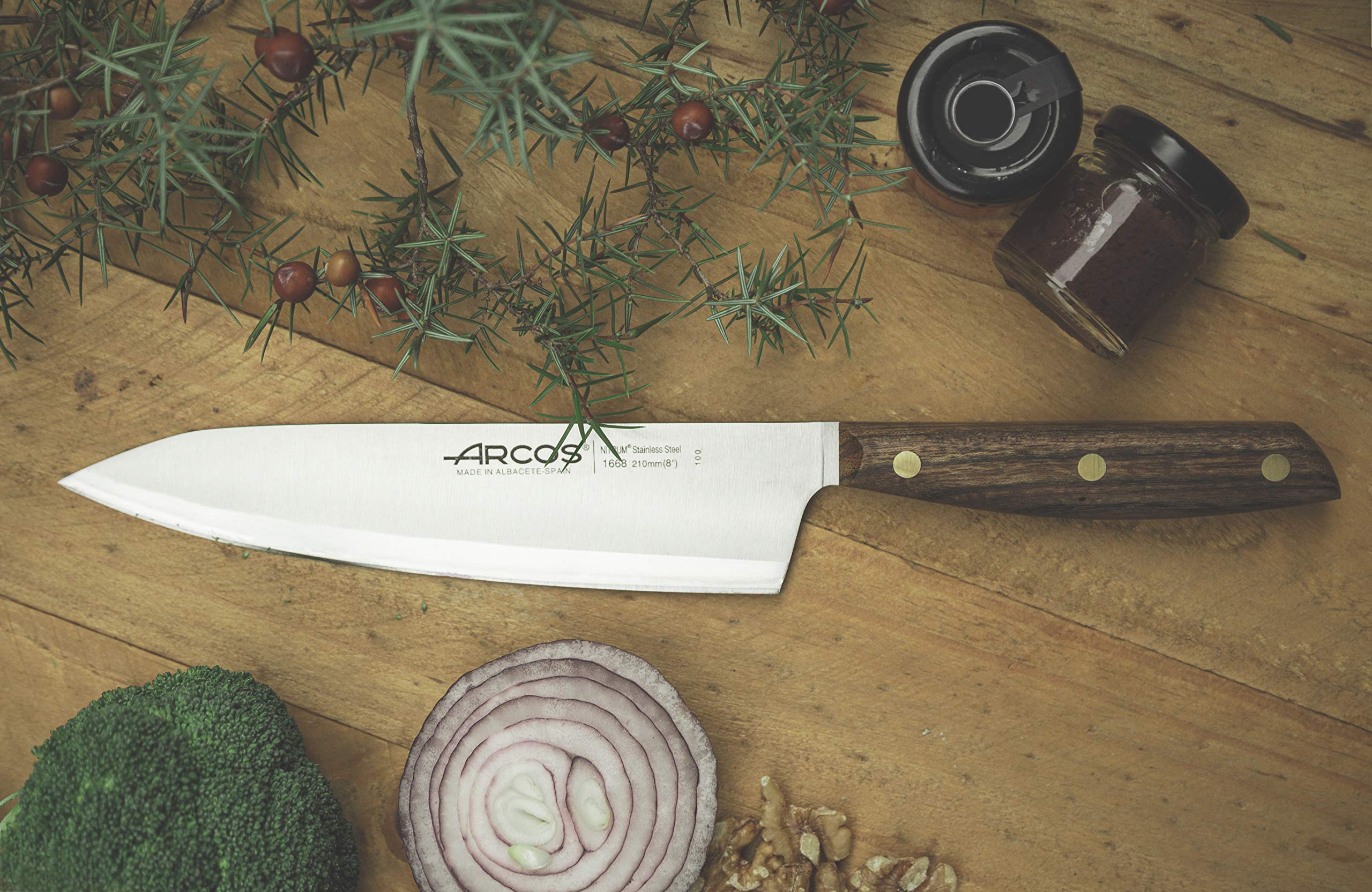 ARCOS Chef Knife 8 Inch Stainless Steel. Professional Kitchen Knife for Cooking. Ovengkol Wood Handle 100% natural FSC and 210 mm Blade. Series Nordika. Color Brown.