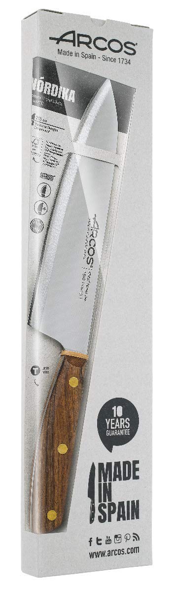 ARCOS Chef Knife 8 Inch Stainless Steel. Professional Kitchen Knife for Cooking. Ovengkol Wood Handle 100% natural FSC and 210 mm Blade. Series Nordika. Color Brown.