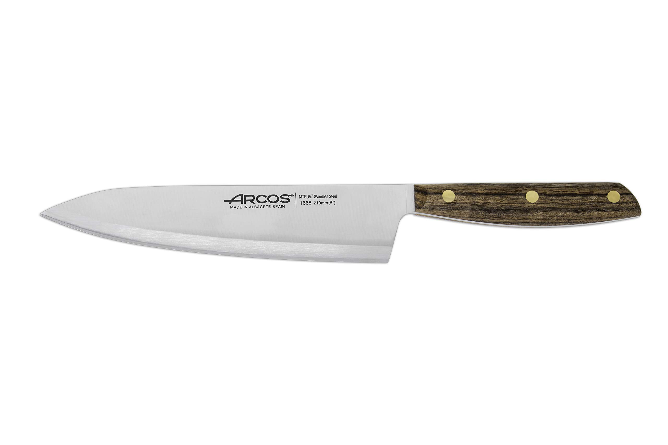 ARCOS Chef Knife 8 Inch Stainless Steel. Professional Kitchen Knife for Cooking. Ovengkol Wood Handle 100% natural FSC and 210 mm Blade. Series Nordika. Color Brown.