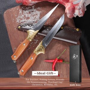 Purple Dragon Fish Fillet Knife 5" Razor Sharp Blade Japanese Premium Steel, Brisket Trimming Knives for Filleting and Boning,Wooden Handle,with Protective Sheath, Gift Idea