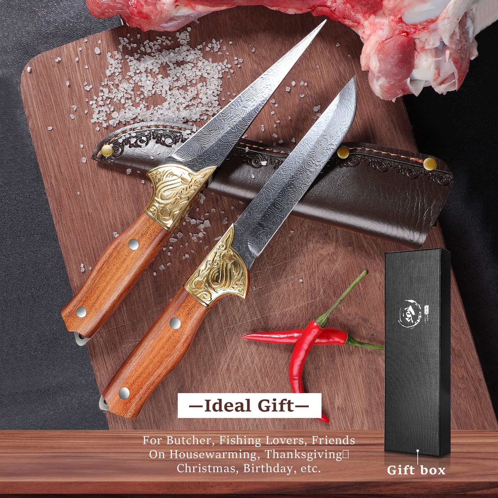 Purple Dragon Fish Fillet Knife 5" Razor Sharp Blade Japanese Premium Steel, Brisket Trimming Knives for Filleting and Boning,Wooden Handle,with Protective Sheath, Gift Idea