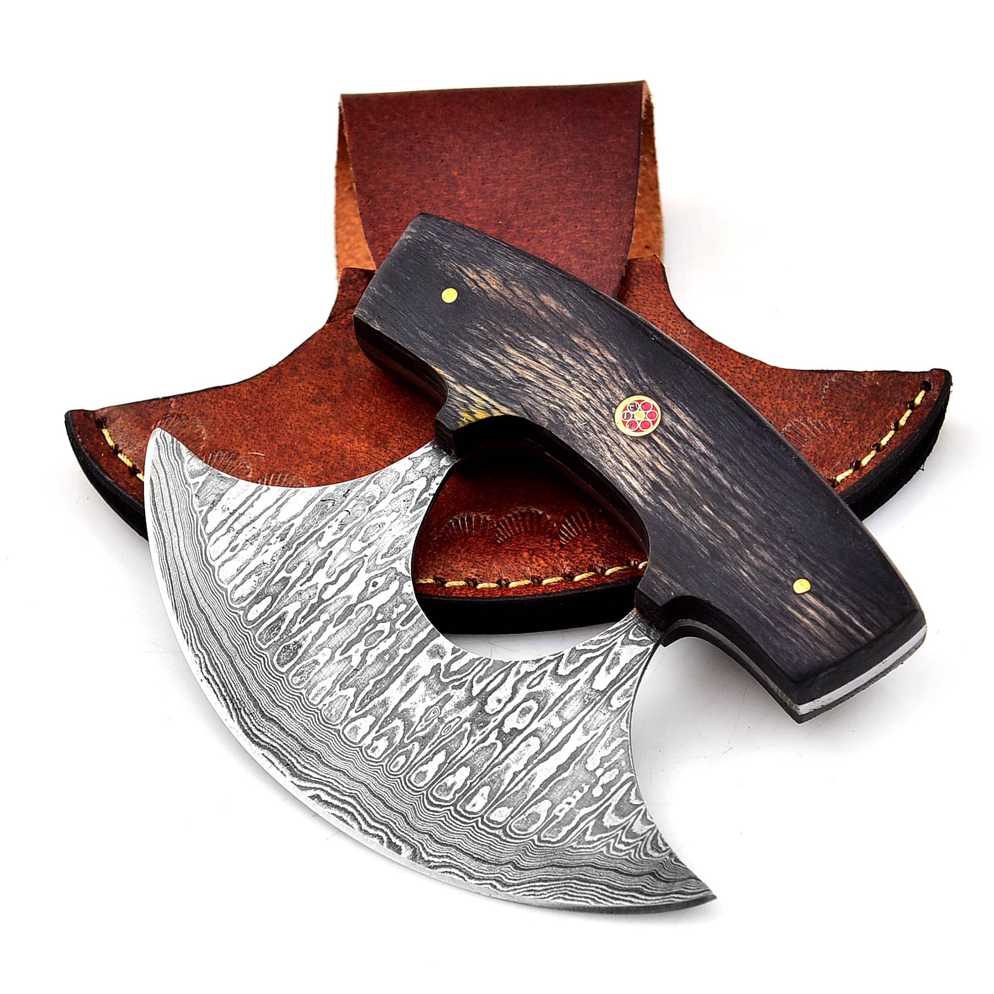 DAMASK HUT Custom Handmade Damascus Steel Ulu Knife - Alaskan Damascus Ulu Knife With Sheath - Multi-Purpose Damascus Alaska Knives For Skinning, Chopping,Rocking, Mincing, Slicing Meat & Herb (Black)