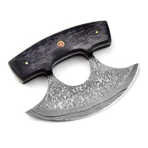 DAMASK HUT Custom Handmade Damascus Steel Ulu Knife - Alaskan Damascus Ulu Knife With Sheath - Multi-Purpose Damascus Alaska Knives For Skinning, Chopping,Rocking, Mincing, Slicing Meat & Herb (Black)