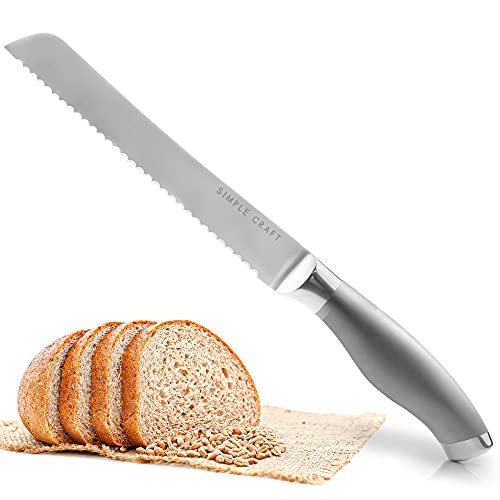 Simple Craft 13-Inch Serrated Bread Knife - Ultra Sharp Stainless Steel Serrated Knife With Comfortable Grip Handle - One Piece Bread Knife For Homemade Bread For Loaves, Vegetables, & More