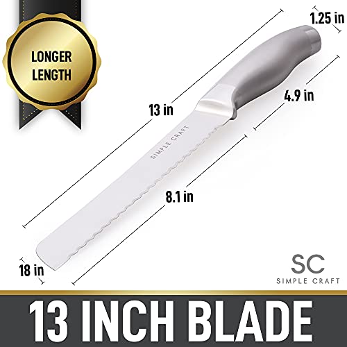 Simple Craft 13-Inch Serrated Bread Knife - Ultra Sharp Stainless Steel Serrated Knife With Comfortable Grip Handle - One Piece Bread Knife For Homemade Bread For Loaves, Vegetables, & More