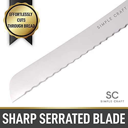 Simple Craft 13-Inch Serrated Bread Knife - Ultra Sharp Stainless Steel Serrated Knife With Comfortable Grip Handle - One Piece Bread Knife For Homemade Bread For Loaves, Vegetables, & More