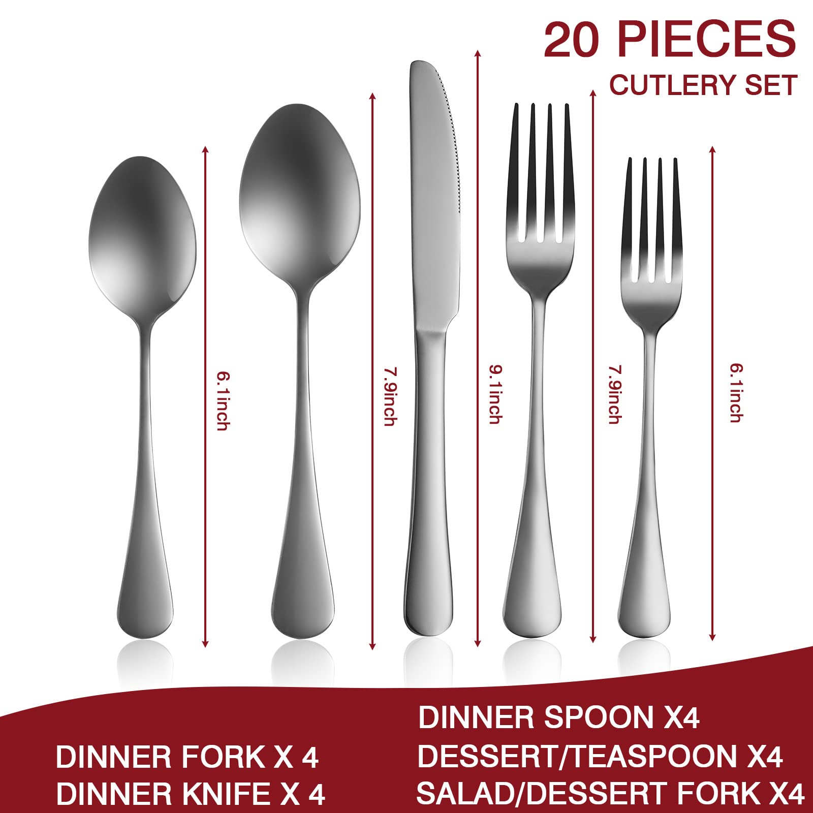 SUTETLW 20 PCS Silverware Flatware Cutlery Set for 4, Stainless Steel Spoons And Forks Food-Grade Mirror Polished Utensil Set for Home Kitchen (Silver)