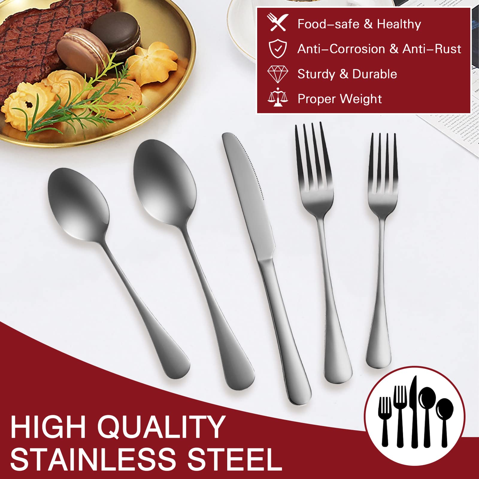 SUTETLW 20 PCS Silverware Flatware Cutlery Set for 4, Stainless Steel Spoons And Forks Food-Grade Mirror Polished Utensil Set for Home Kitchen (Silver)