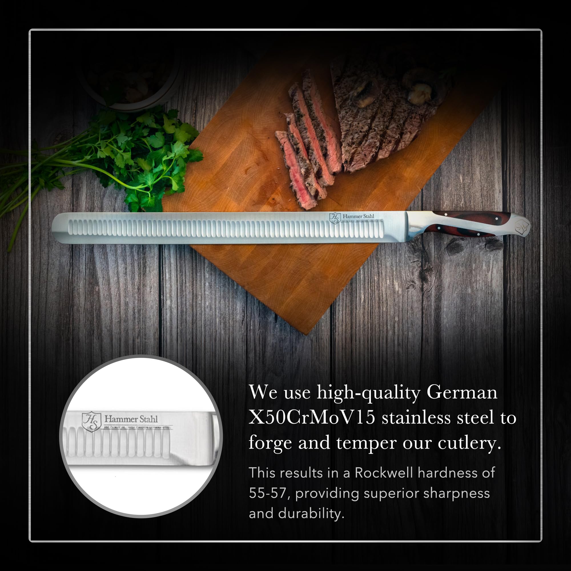 Hammer Stahl 14 Inch Brisket Knife | German Forged High Carbon Carving Knife | Stainless Steel Meat Knife | Brisket Slicing Knife with Ergonomic Quad-Tang Pakkawood Handle & Gift Box