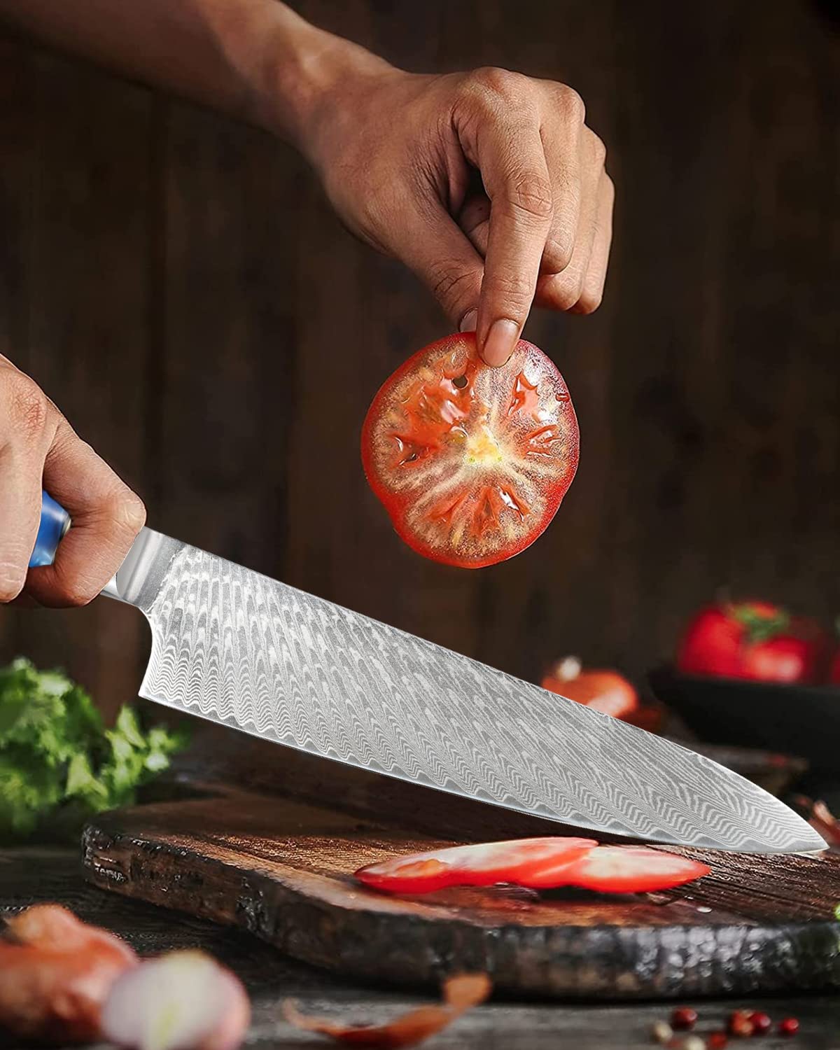 Damascus Chef Knife 8 Inch, Made of High Carbon VG10 Steel Damascus Kitchen Knife with Ergonomic Resin Wood Handle