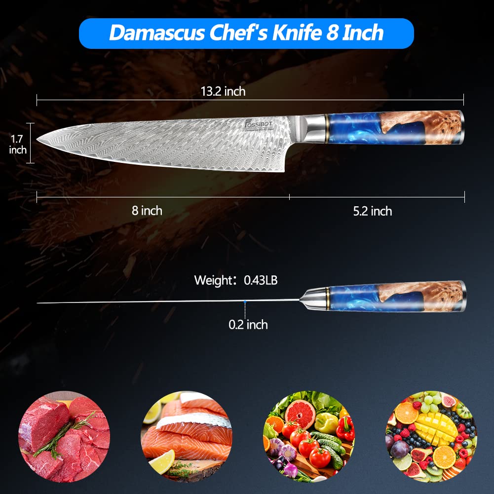 Damascus Chef Knife 8 Inch, Made of High Carbon VG10 Steel Damascus Kitchen Knife with Ergonomic Resin Wood Handle