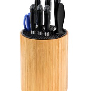 Diosbles Bamboo Universal Knife Block With Slots For Scissors And Sharpening Rod, Round Kitchen Knife Storage Holder Unique Slot Design To Protect Blade, Detachable Slot For Easy Cleaning