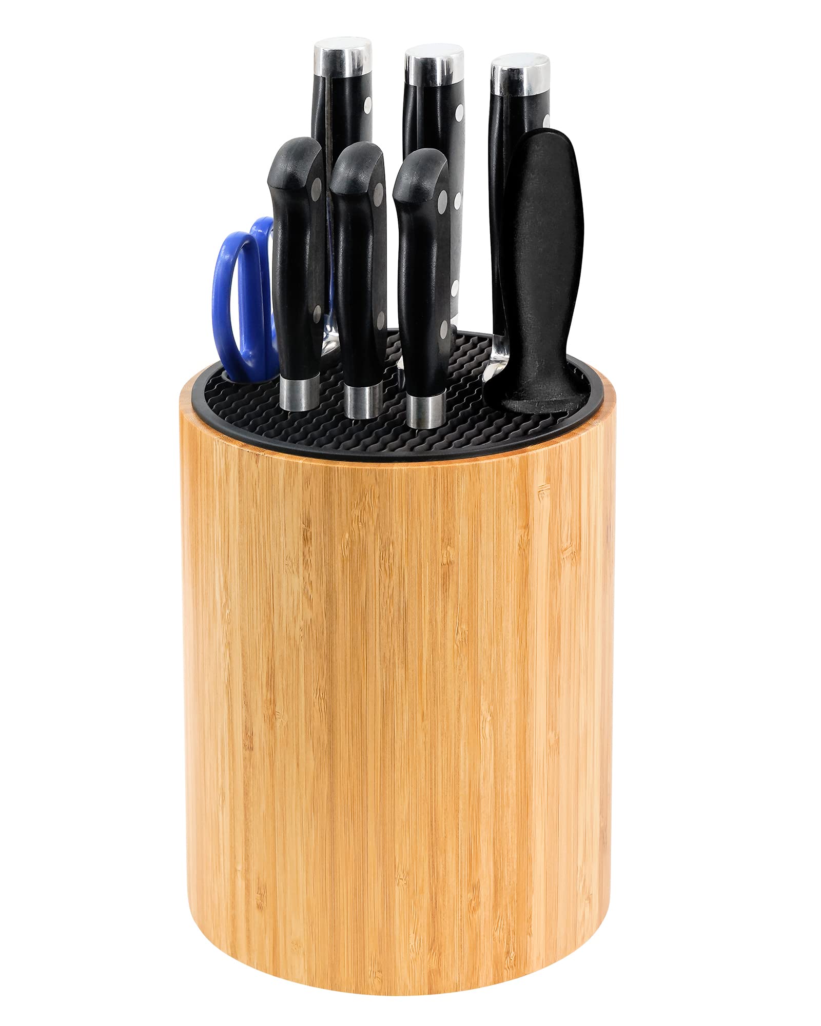 Diosbles Bamboo Universal Knife Block With Slots For Scissors And Sharpening Rod, Round Kitchen Knife Storage Holder Unique Slot Design To Protect Blade, Detachable Slot For Easy Cleaning