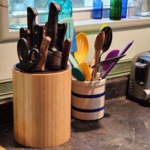 Diosbles Bamboo Universal Knife Block With Slots For Scissors And Sharpening Rod, Round Kitchen Knife Storage Holder Unique Slot Design To Protect Blade, Detachable Slot For Easy Cleaning