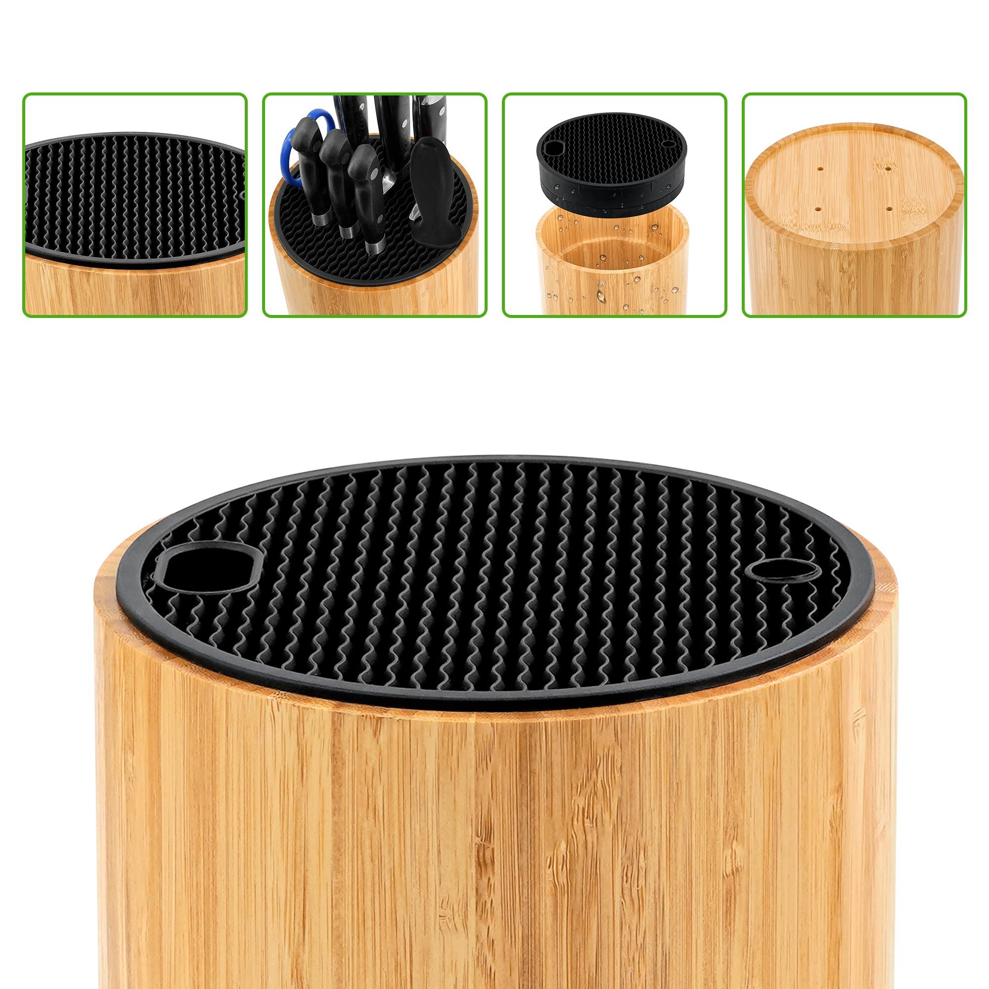 Diosbles Bamboo Universal Knife Block With Slots For Scissors And Sharpening Rod, Round Kitchen Knife Storage Holder Unique Slot Design To Protect Blade, Detachable Slot For Easy Cleaning