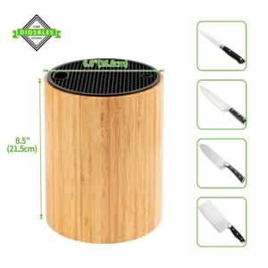 Diosbles Bamboo Universal Knife Block With Slots For Scissors And Sharpening Rod, Round Kitchen Knife Storage Holder Unique Slot Design To Protect Blade, Detachable Slot For Easy Cleaning