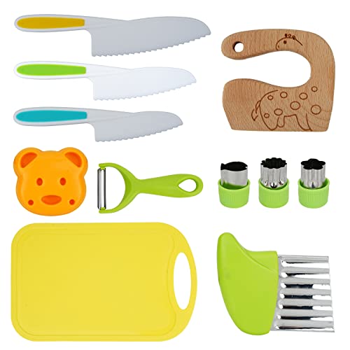 KETWOD Kids Knifes for Real Cooking, 11Piece Toddler Knife Set Includes Wooden Kid Safe Knife, Serrated Plastic Kids Knife Set,Crinkle Cutter, Cutting Board, Y Paring Knife。