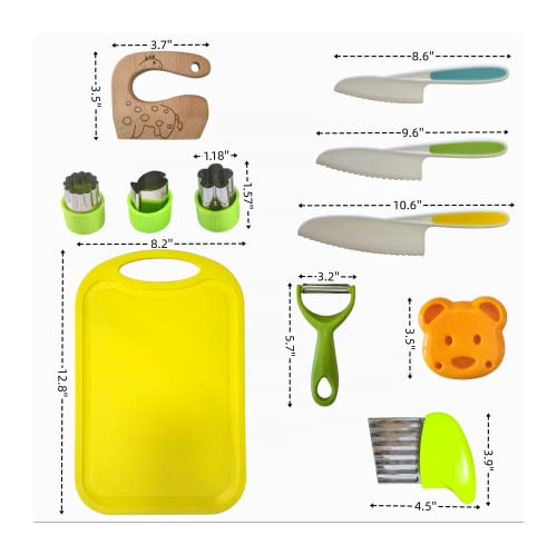 KETWOD Kids Knifes for Real Cooking, 11Piece Toddler Knife Set Includes Wooden Kid Safe Knife, Serrated Plastic Kids Knife Set,Crinkle Cutter, Cutting Board, Y Paring Knife。