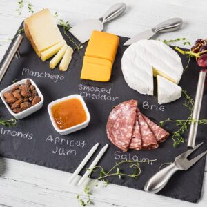 Slate Cheese Board Set with Handles | 9 pcs - 12" x 16" Serving Tray, Stainless Steel Cheese Knife Set with Ceramic Bowls + Soapstone Chalk