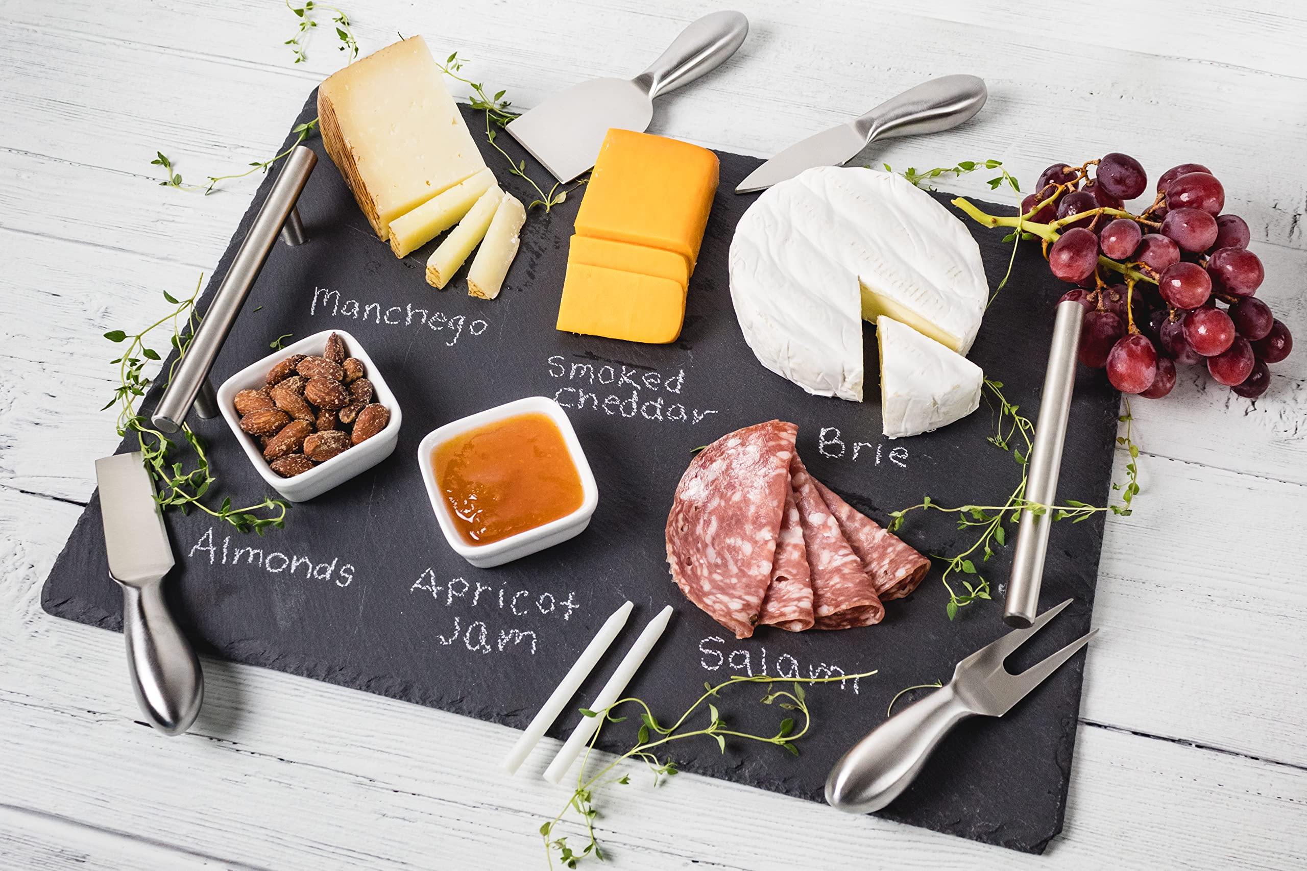 Slate Cheese Board Set with Handles | 9 pcs - 12" x 16" Serving Tray, Stainless Steel Cheese Knife Set with Ceramic Bowls + Soapstone Chalk