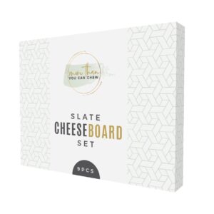 Slate Cheese Board Set with Handles | 9 pcs - 12" x 16" Serving Tray, Stainless Steel Cheese Knife Set with Ceramic Bowls + Soapstone Chalk