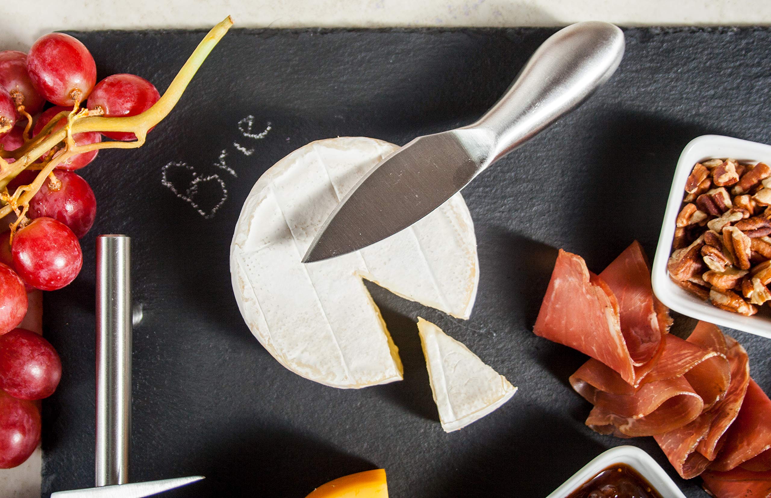 Slate Cheese Board Set with Handles | 9 pcs - 12" x 16" Serving Tray, Stainless Steel Cheese Knife Set with Ceramic Bowls + Soapstone Chalk