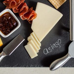 Slate Cheese Board Set with Handles | 9 pcs - 12" x 16" Serving Tray, Stainless Steel Cheese Knife Set with Ceramic Bowls + Soapstone Chalk