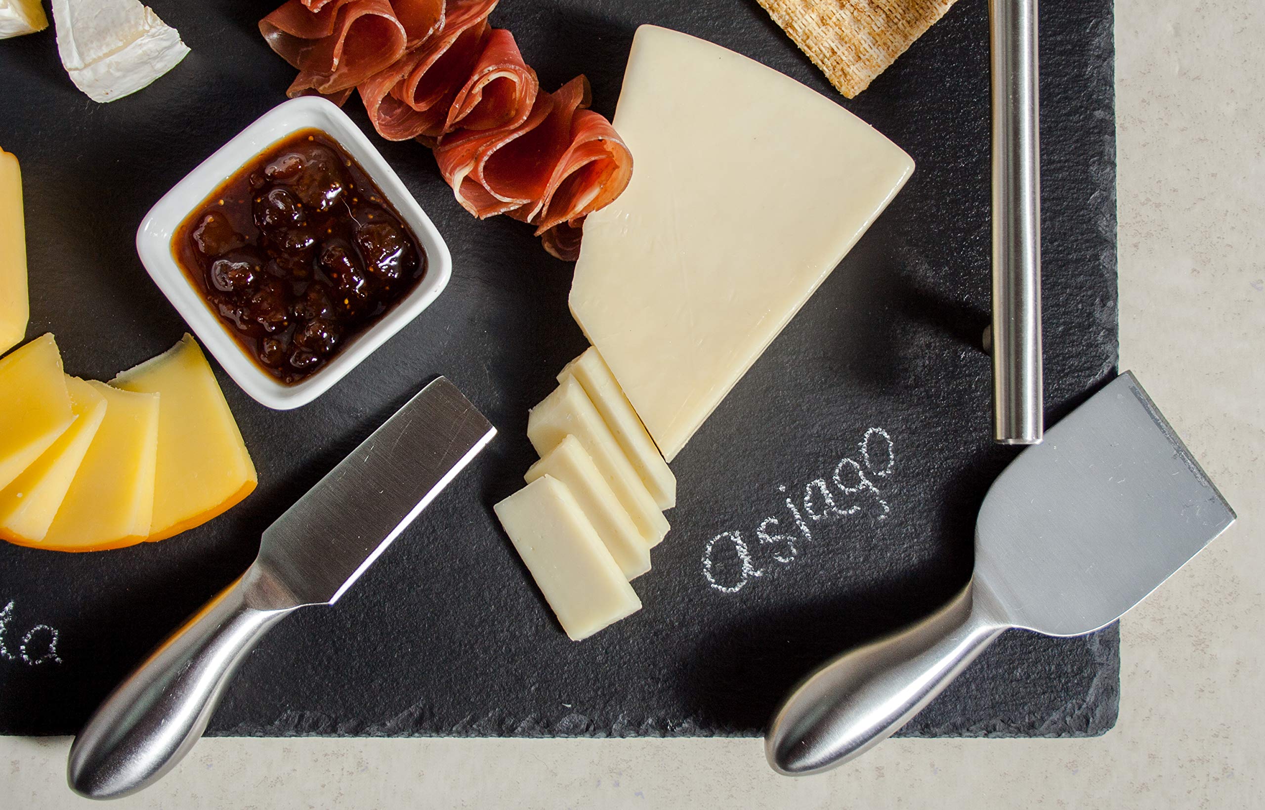 Slate Cheese Board Set with Handles | 9 pcs - 12" x 16" Serving Tray, Stainless Steel Cheese Knife Set with Ceramic Bowls + Soapstone Chalk