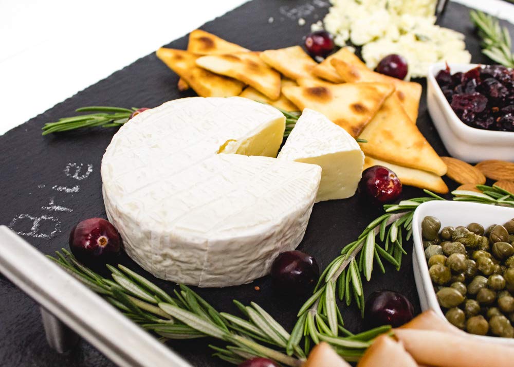 Slate Cheese Board Set with Handles | 9 pcs - 12" x 16" Serving Tray, Stainless Steel Cheese Knife Set with Ceramic Bowls + Soapstone Chalk