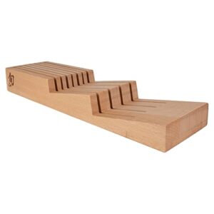 shun drawer 7 slot kitchen knife tray, 18 x 7 x 2.25 inches, beechwood block holder & organizer, wood