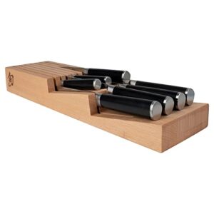 Shun Drawer 7 Slot Kitchen Knife Tray, 18 x 7 x 2.25 inches, Beechwood Block Holder & Organizer, Wood