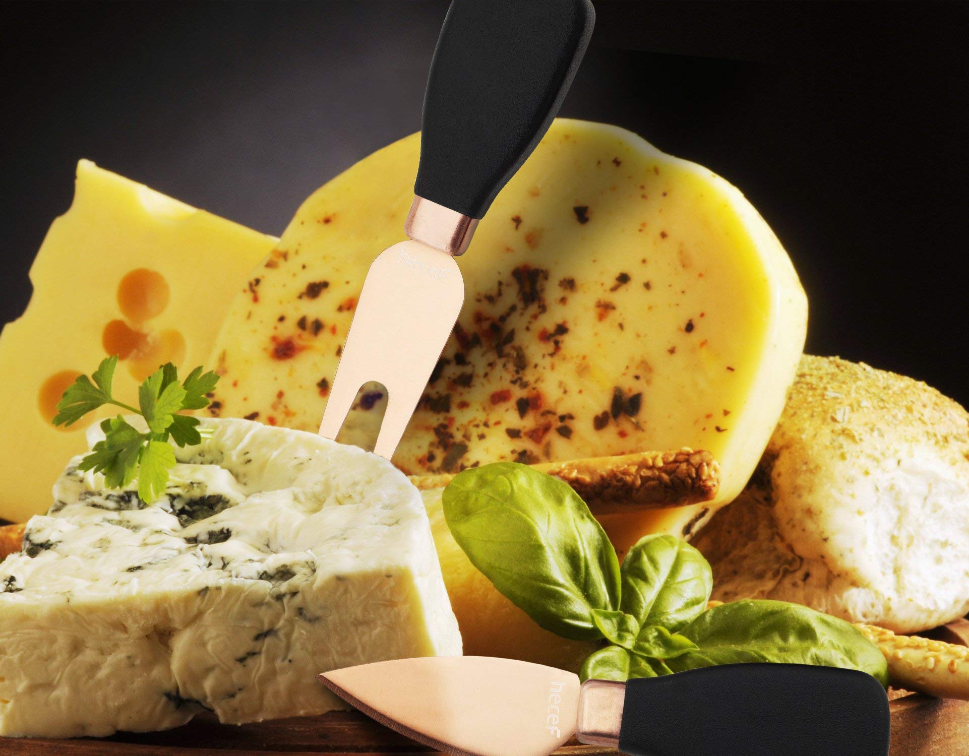 hecef Cheese Knife & Acrylic Stand Set of 5 - Stainless Steel Cheese Slicer with PP Handle & Acrylic Stand