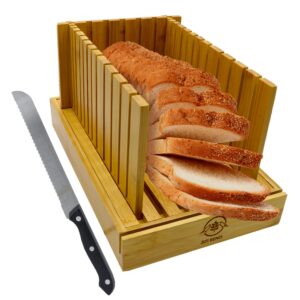 premium bamboo bread slicer with stainless-steel knife, foldable and compact with crumb tray, cutting guide for homemade bread, cake, bagels, sourdough and baker baking tools supplies