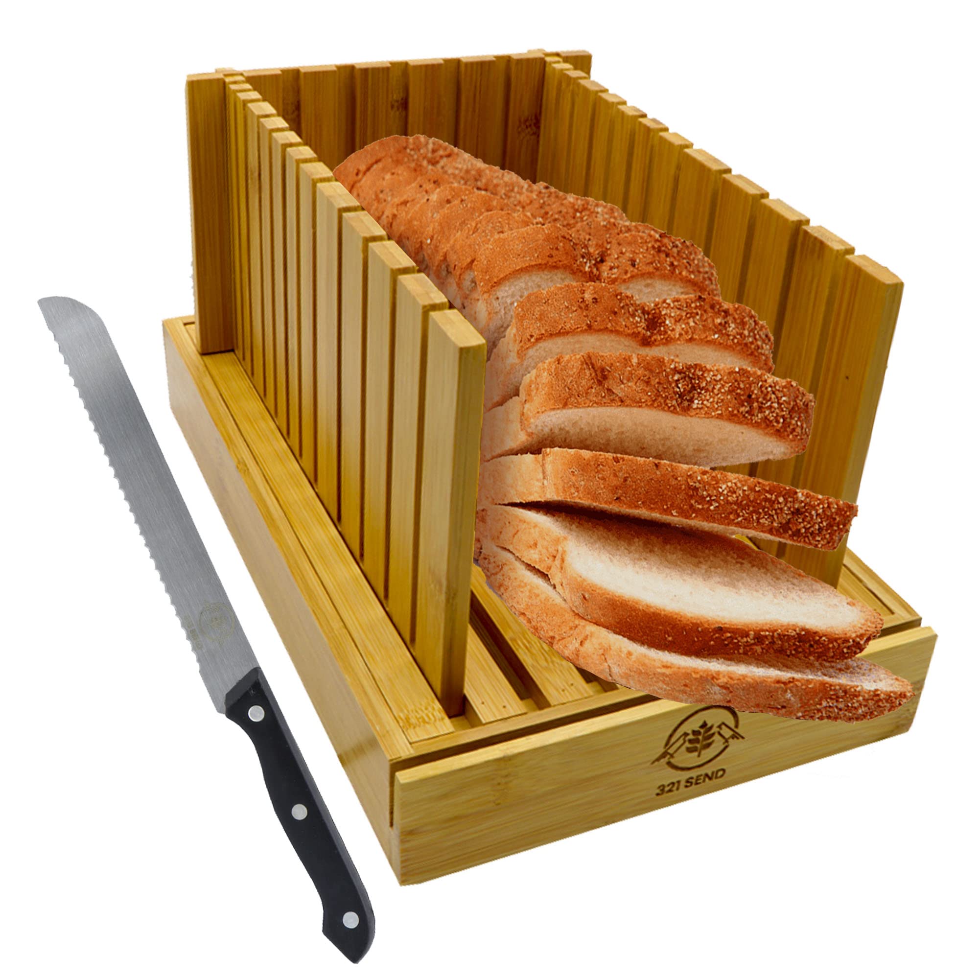 Premium Bamboo Bread Slicer With Stainless-Steel Knife, Foldable And Compact With Crumb Tray, Cutting Guide For Homemade Bread, Cake, Bagels, Sourdough and Baker Baking Tools Supplies