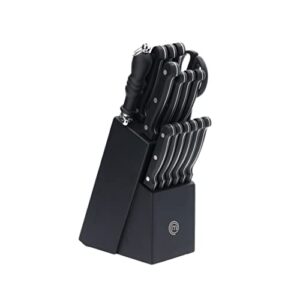 masterchef knife block set of kitchen knives, large 15pc stainless steel cooking knife collection incl. steak knives, cutting shears & knife sharpener with riveted handles in a matte black holder